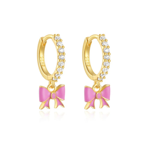 Pink Bow Huggies - 92.5 sterling silver 18k Gold Plated