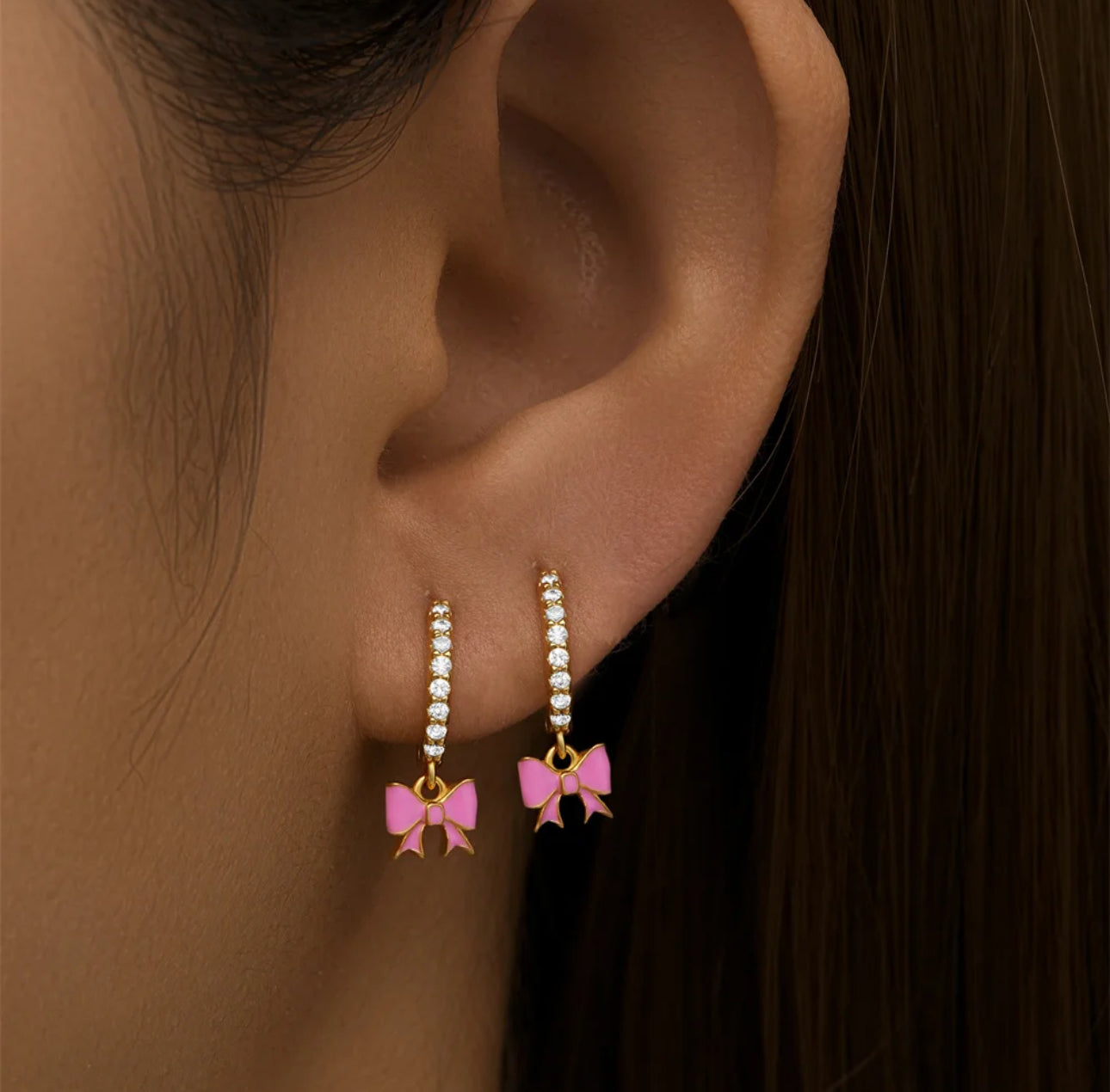 Pink Bow Huggies - 92.5 sterling silver 18k Gold Plated