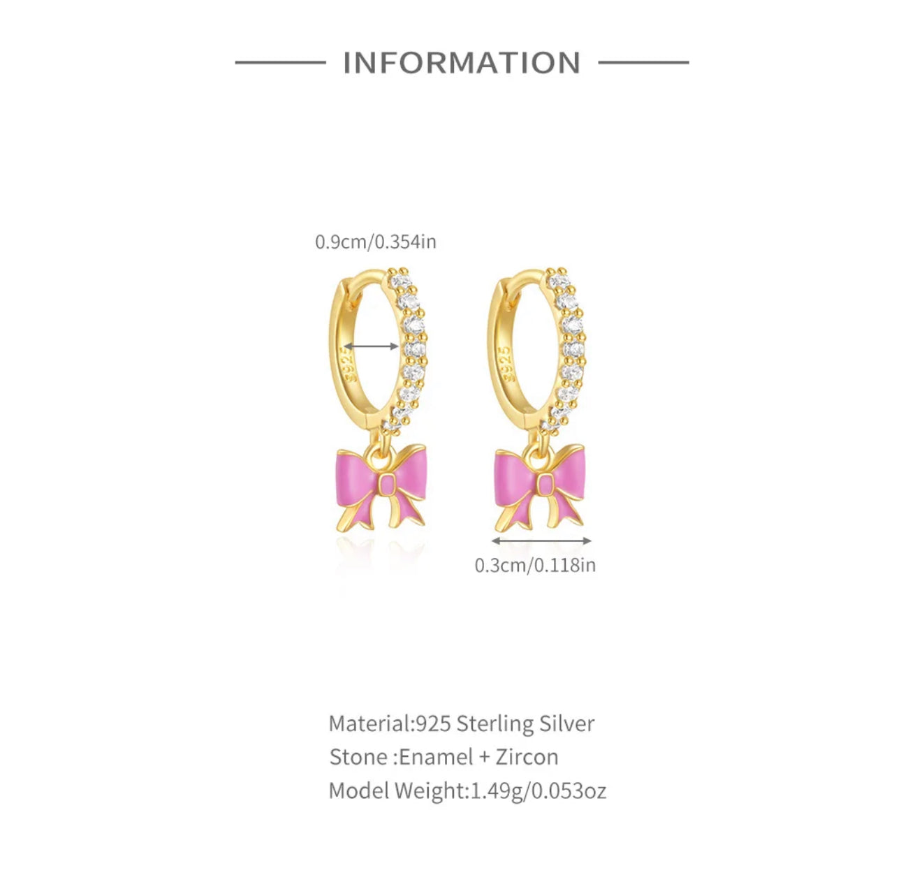 Pink Bow Huggies - 92.5 sterling silver 18k Gold Plated