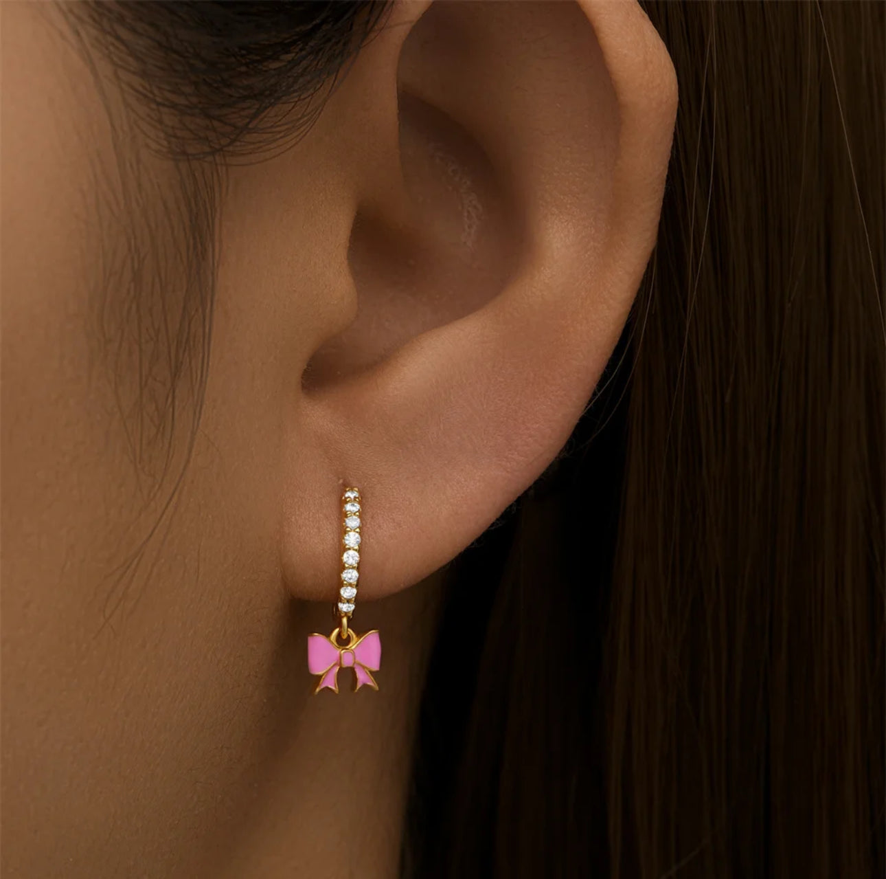 Pink Bow Huggies - 92.5 sterling silver 18k Gold Plated
