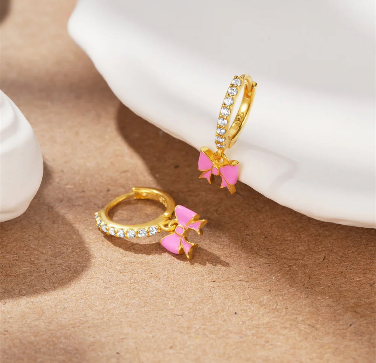Pink Bow Huggies - 92.5 sterling silver 18k Gold Plated